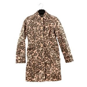 Nine West Preppy Floral Long Lined Jacket Brown Pink XS Trench Coat Extra Small